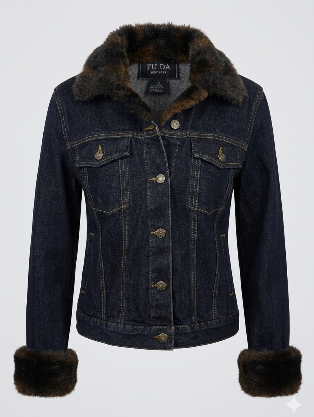 Fuda New York Faux Fur Trim Denim Jacket Y2K Dark Wash Glam Vintage Mob Wife